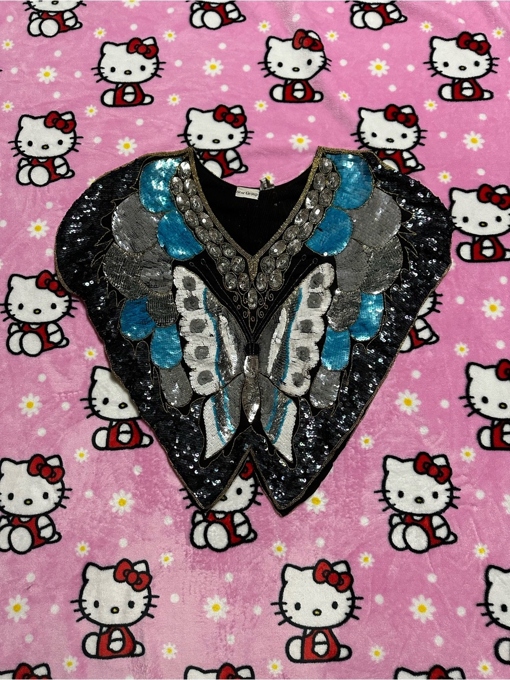 Vintage Sequins Butterfly Poncho  - Black & Teal